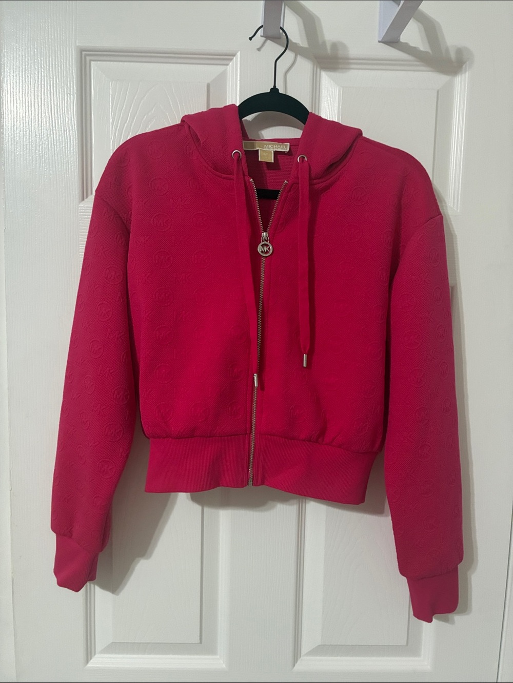 Michael Kors Bright Pink Hooded Zip-Up Signature MK textured knit tonal logo